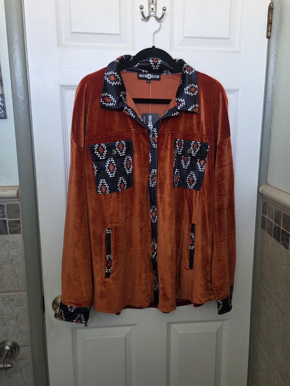 Western Rodeo Rust Orange Velvety Shirt Jacket with Aztec Trim Cowgirl Size XL